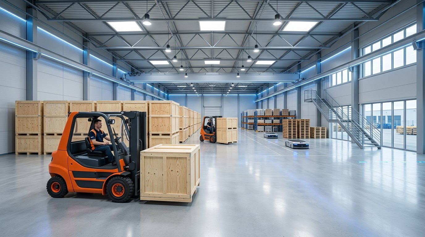 Nave de Embalatges Prats con carretilla moviendo cajas de madera